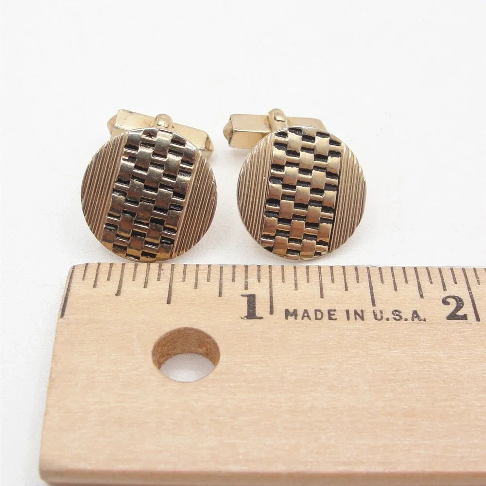 Vintage Swank Gold Tone Round Cufflinks Basketweave Textured Brick Mesh Retro